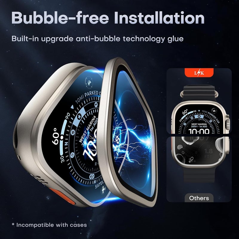 LK LϟK 2 Pack for Apple Watch Ultra 3/2 / Ultra Screen Protector 49mm - 9H Tempered Glass + Titanium Alloy Frame [Stay Original] Waterproof HD Glass Film for iWatch Ultra 49mm, Titanium - Image 3